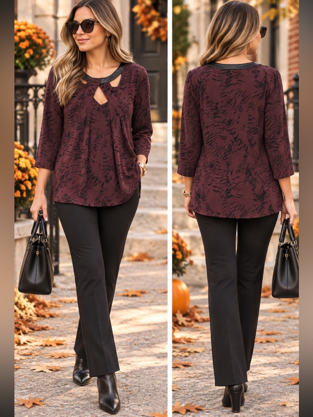 🎄🧑🎄 Burgundy Black Animal Print Tunic Top Faux Leather Trim Keyhole 22W 24W